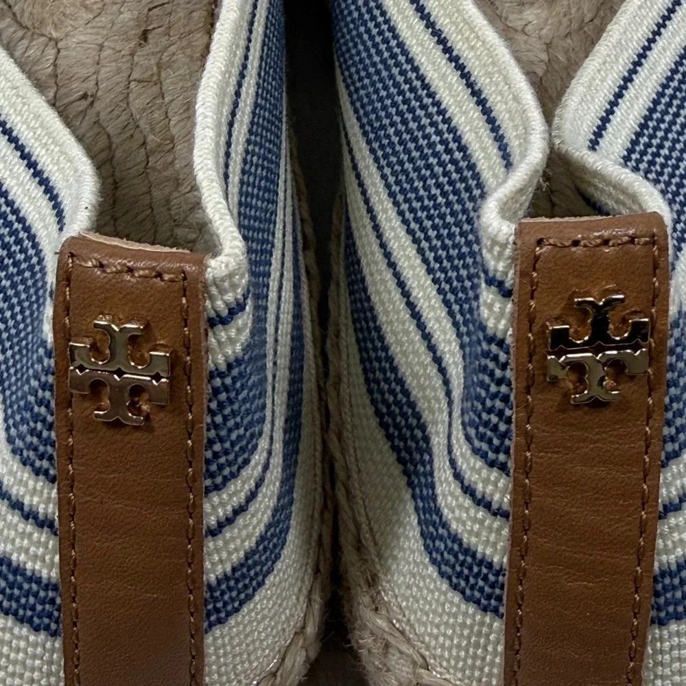 Tory Burch Striped Canvas Espadrille Flats Cream Blue Brown Slip On Shoes 9